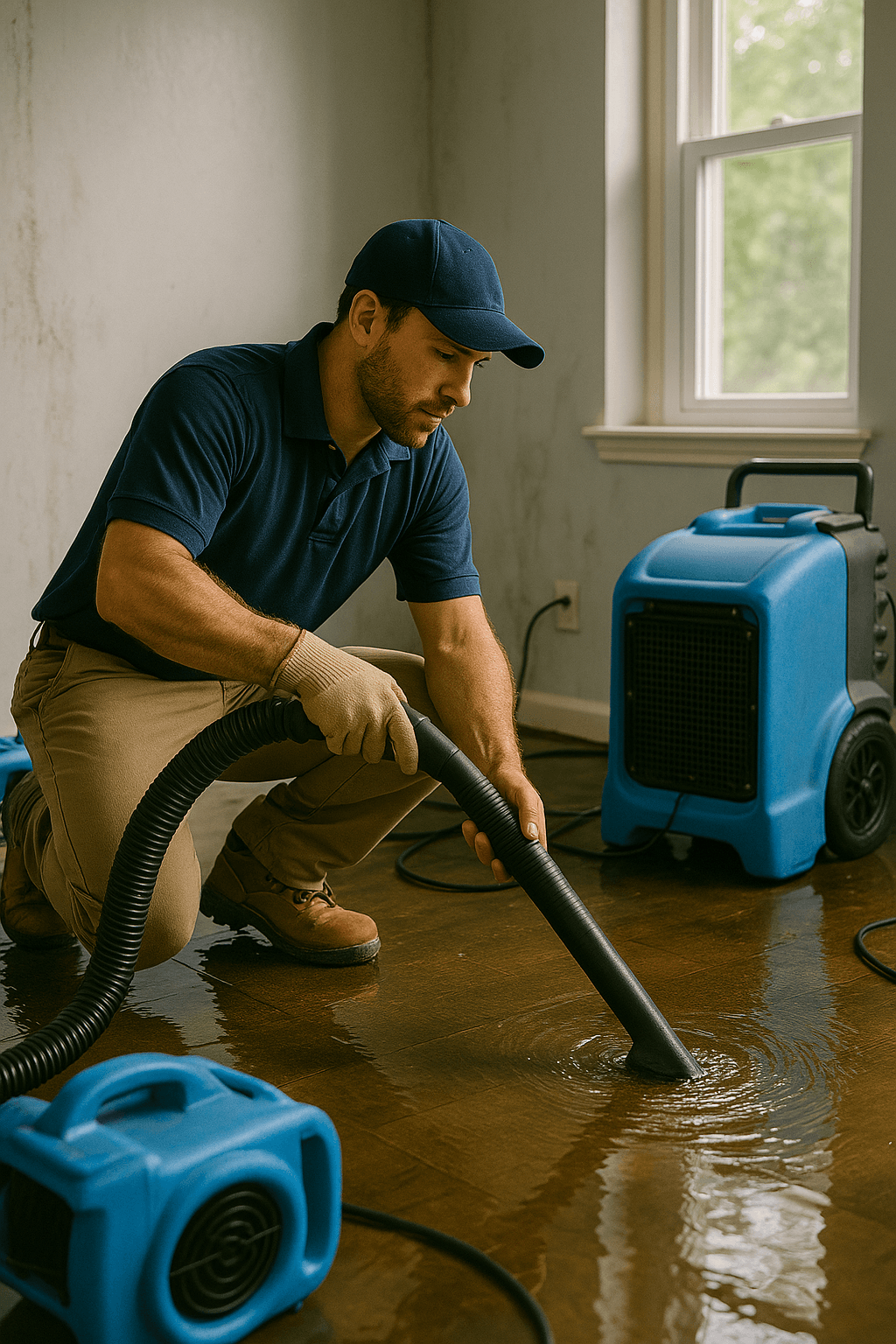 man using wet vacuum to clear excess water from the floor of a damaged home
